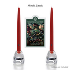 Two red candles in clear holders with a Colonial Candle packaging in the background on a white background.