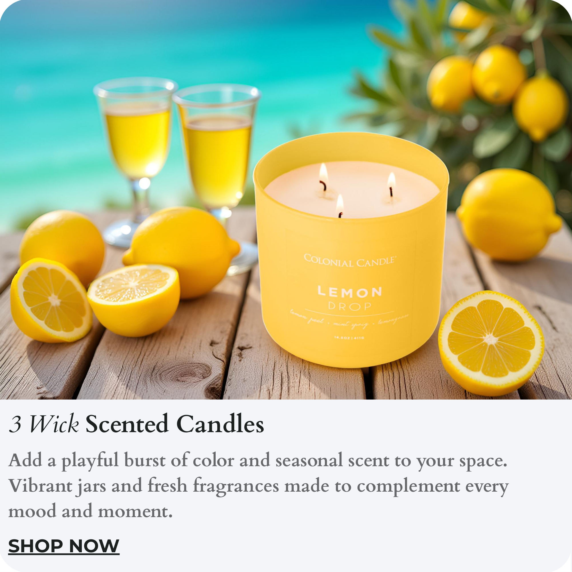 3 wick pop of color collection candle representative image. Shows lemon drops candle. It is a clickable photo. Clicking takes one to the collection page