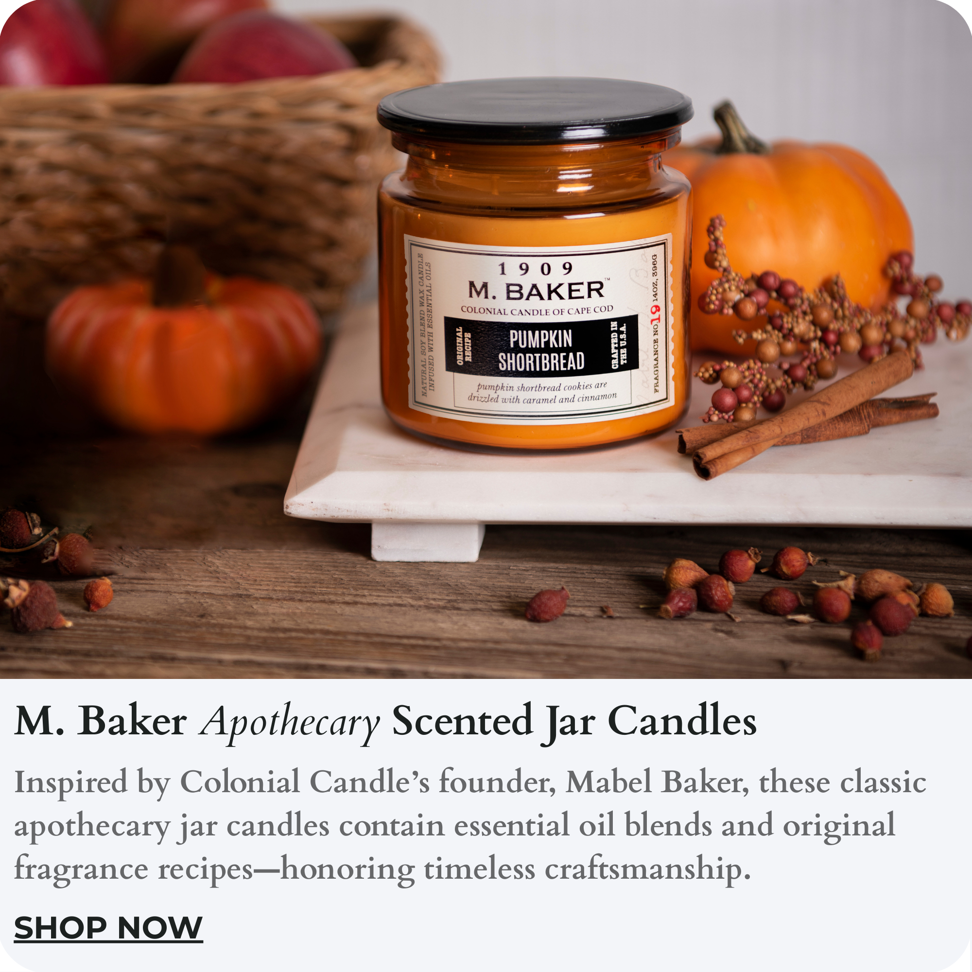 Mabel Baker collection candle representative image. Shows pumpkin shortbread candle. It is a clickable photo. Clicking takes one to the collection page