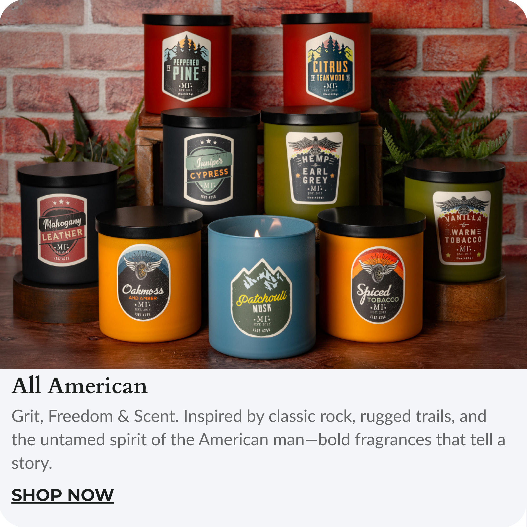 Manly Indulgence All American Collection Candles group image. It is a clickable photo. Clicking takes one to the collection page