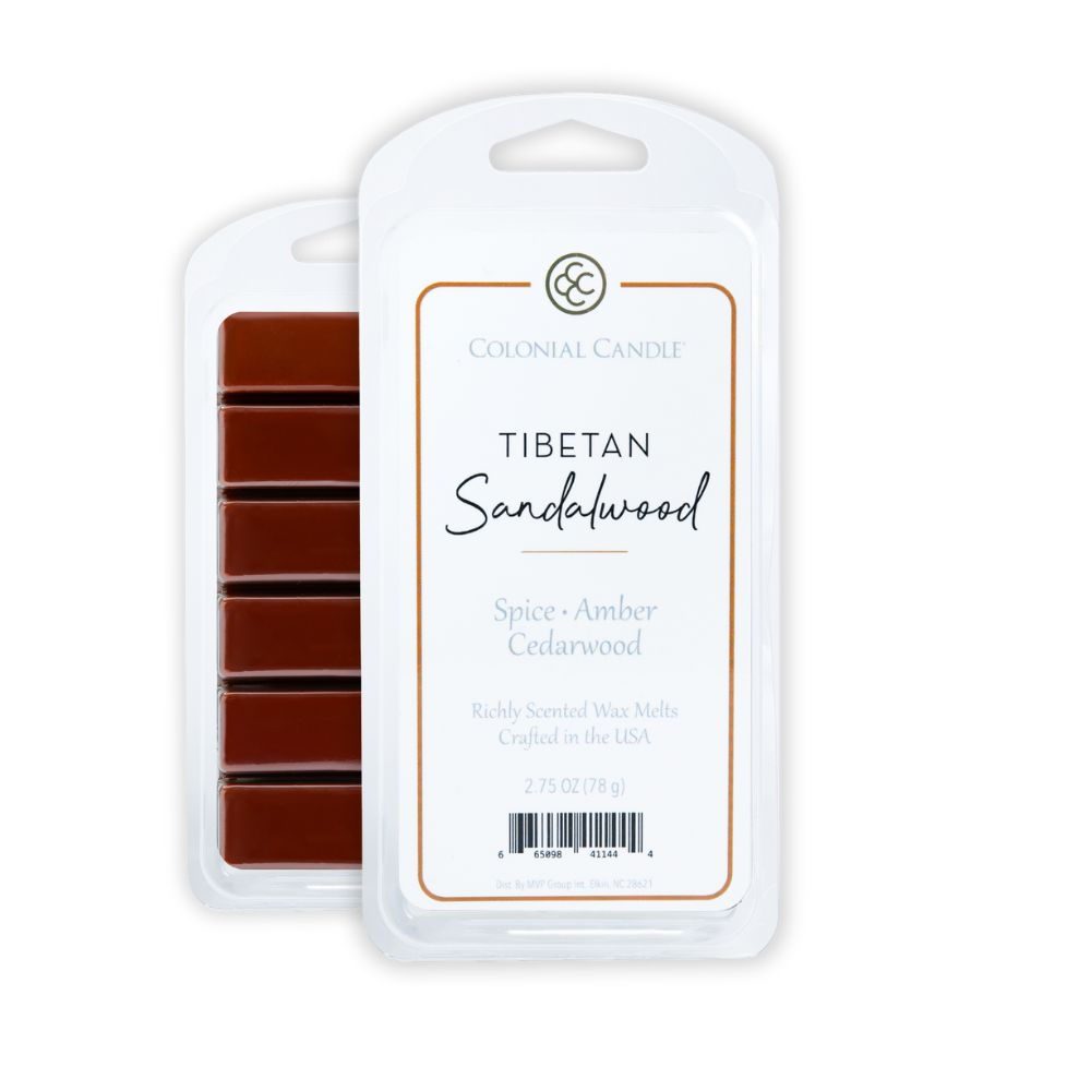 Packaged wax melts with 'Tibetan Sandalwood' scent on a white background