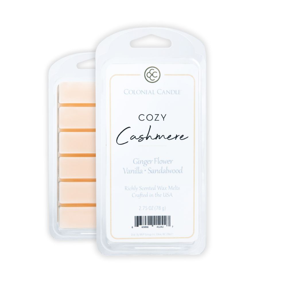 Packaged Colonial Candle Cozy Cashmere wax melts on a white background