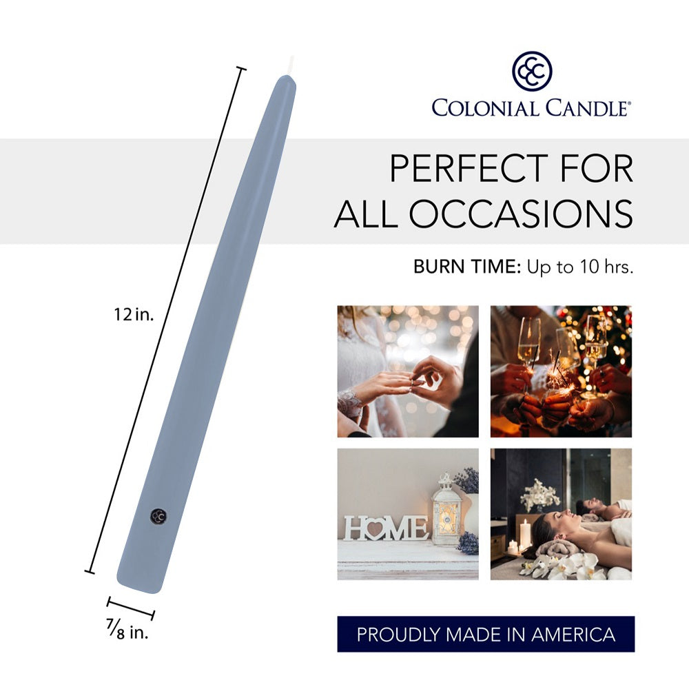 12 inch Wedgewood colored Handipt Taper candles, Specifications