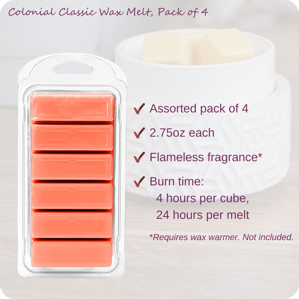 Colonial Classic Wax Melts Pack of 4, Assorted Pack of 4, 2.75oz each, Flameless fragrance (requires wax warmer that is not included in this product). burn time is 4 hours per cube, 24 hours per melt, and there are 4 such melts