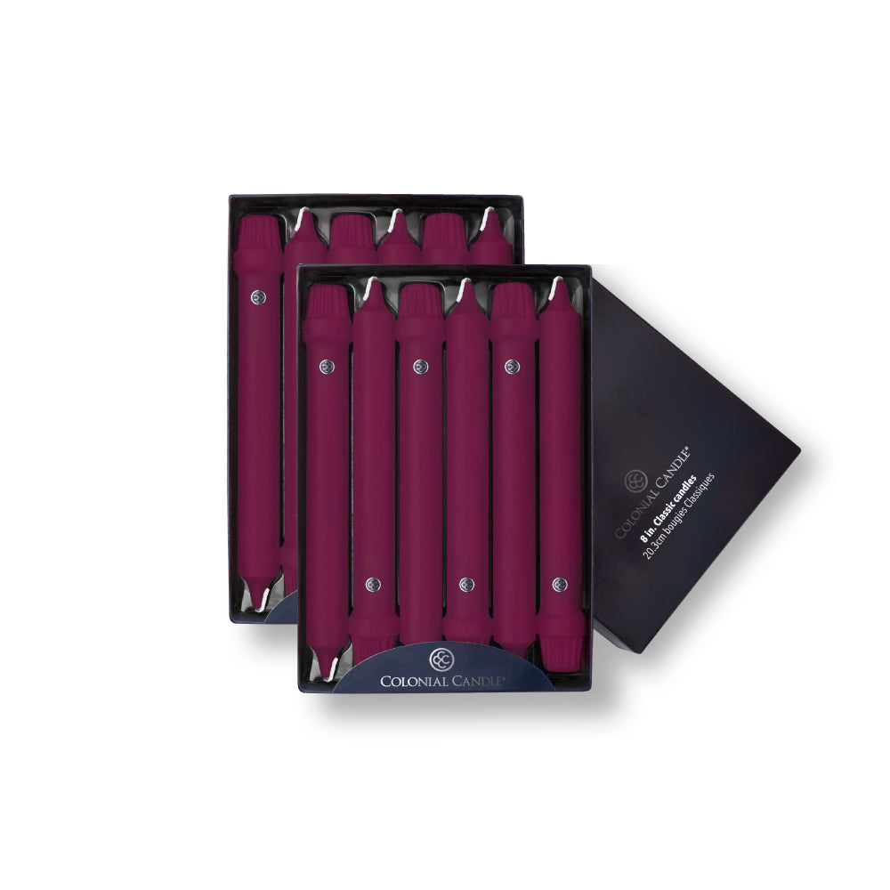 Set of 12 Classic style dinner candles, Mulberry colored, from Colonial Candle