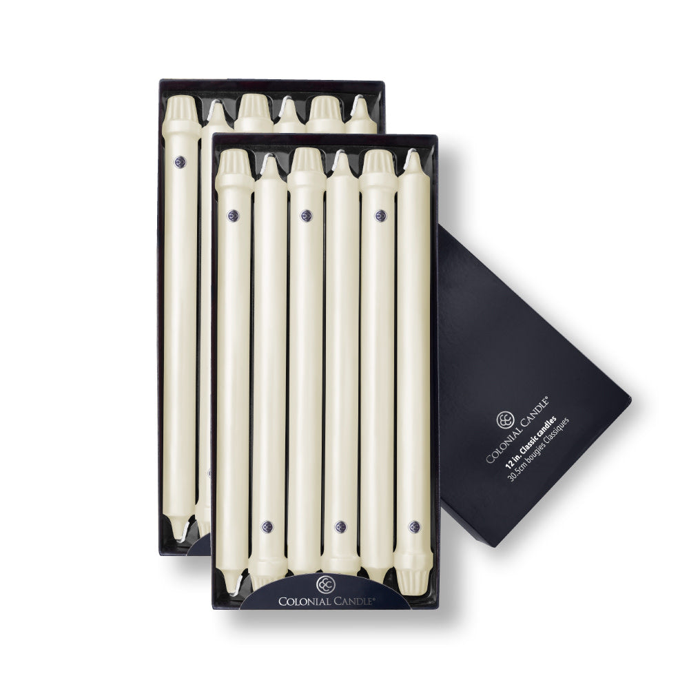 Overview of the Colonial Candle - 12" Ivory Classic Taper, 12 Pack