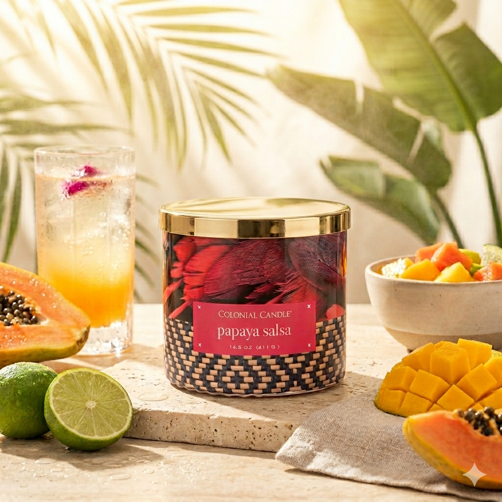 Candle labeled 'Papaya Salsa' with tropical fruits and a drink on a table.