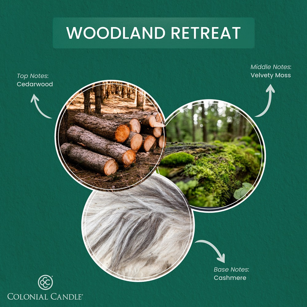 Promotional graphic for 'Woodland Retreat' by Colonial Candle with images of logs, moss, and cashmere on a green background.