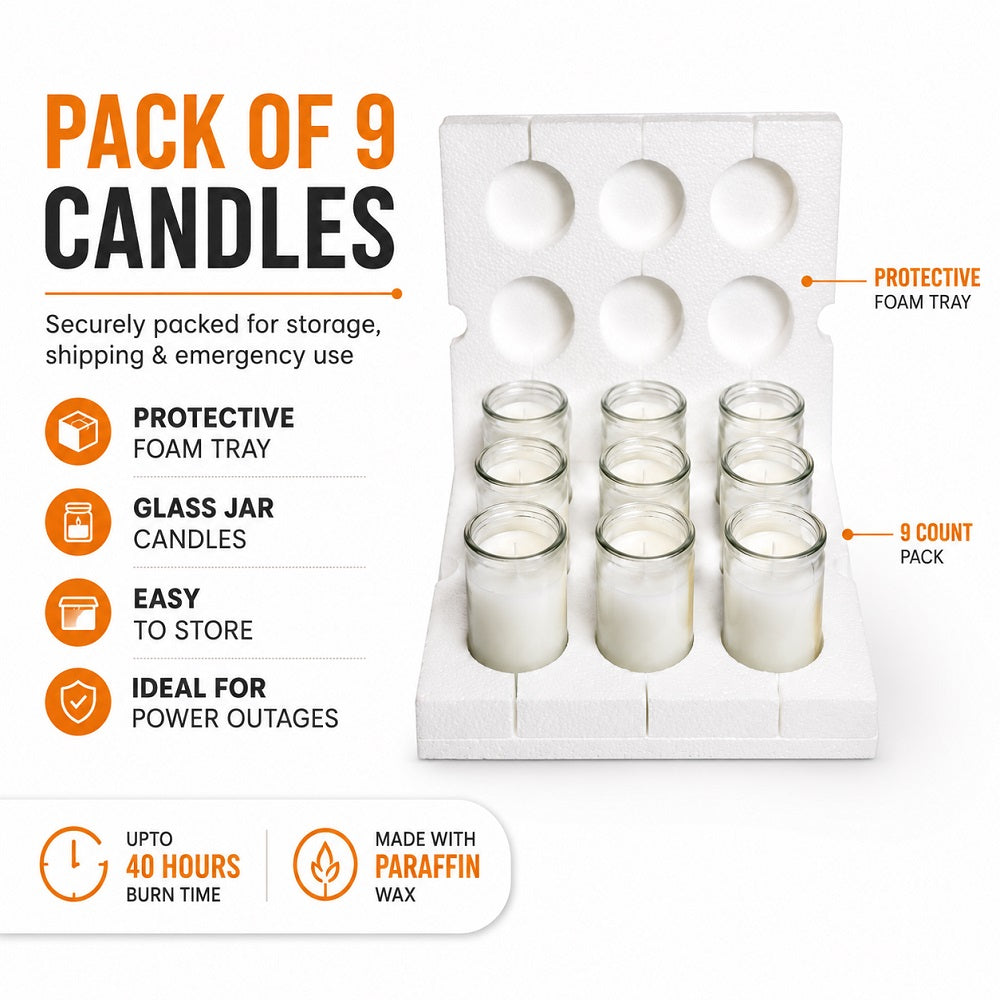 Pack of 9 candles with protective foam tray on a white background