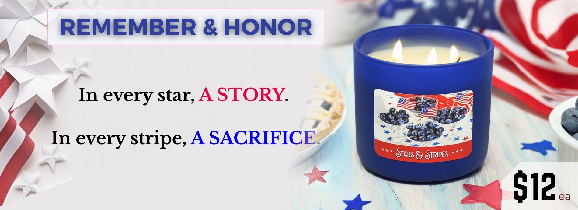 Banner page for Memorial Day offer. Memorial day candles at $12 each. Click on this banner