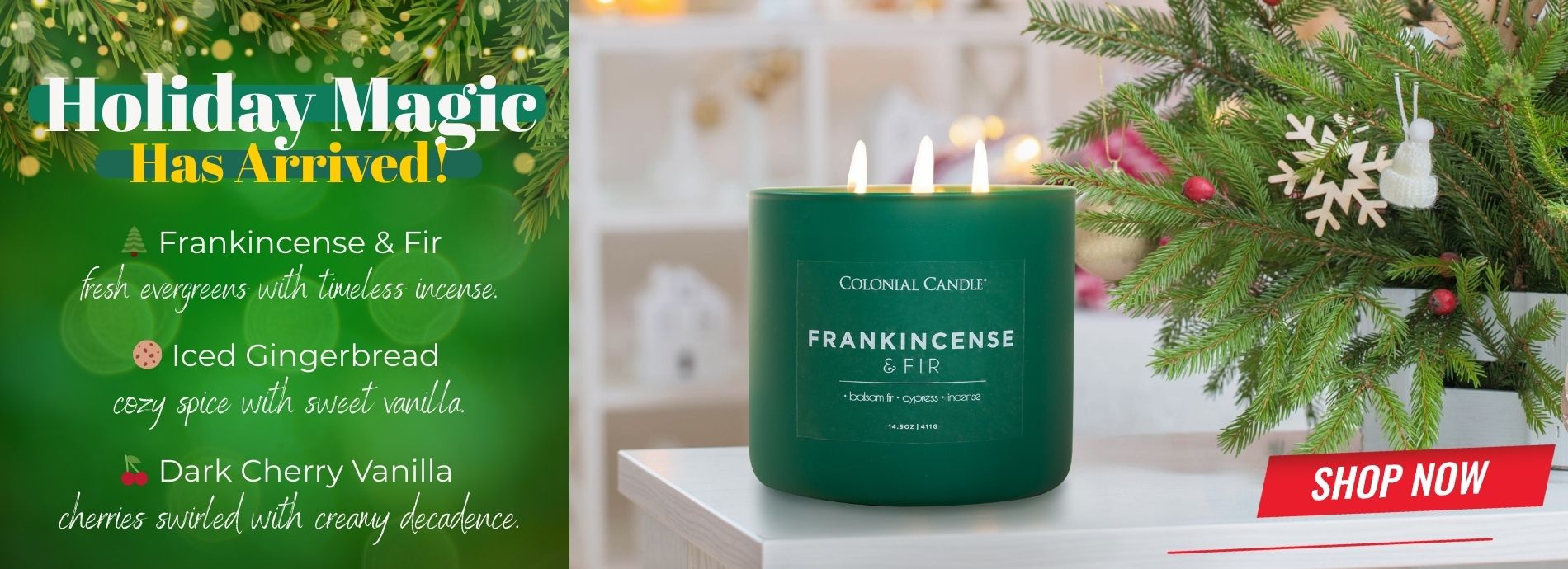 Green candle labeled 'Frankincense & Fir' with a Christmas tree and gift box in the background.
