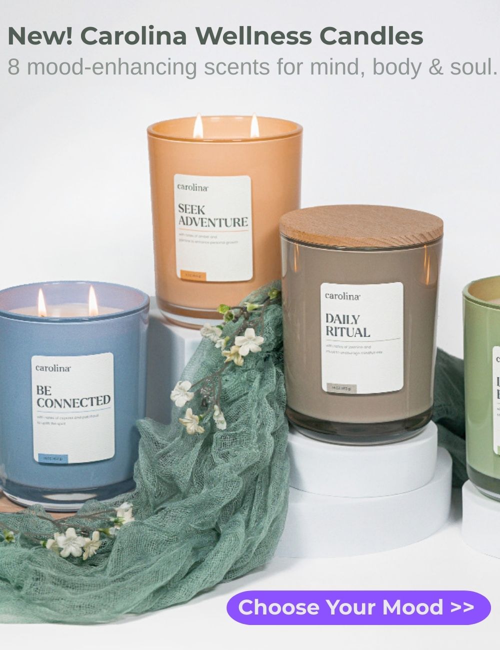 New Carolina Wellness Candles, 8 mood enchancing scents for mind body and soul. Choose your mood, i.e. shop now