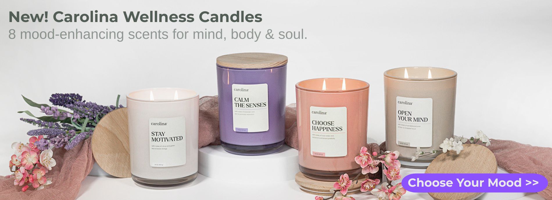 In banner view. New Carolina Wellness Candles, 8 mood enchancing scents for mind body and soul. Choose your mood, i.e. shop now