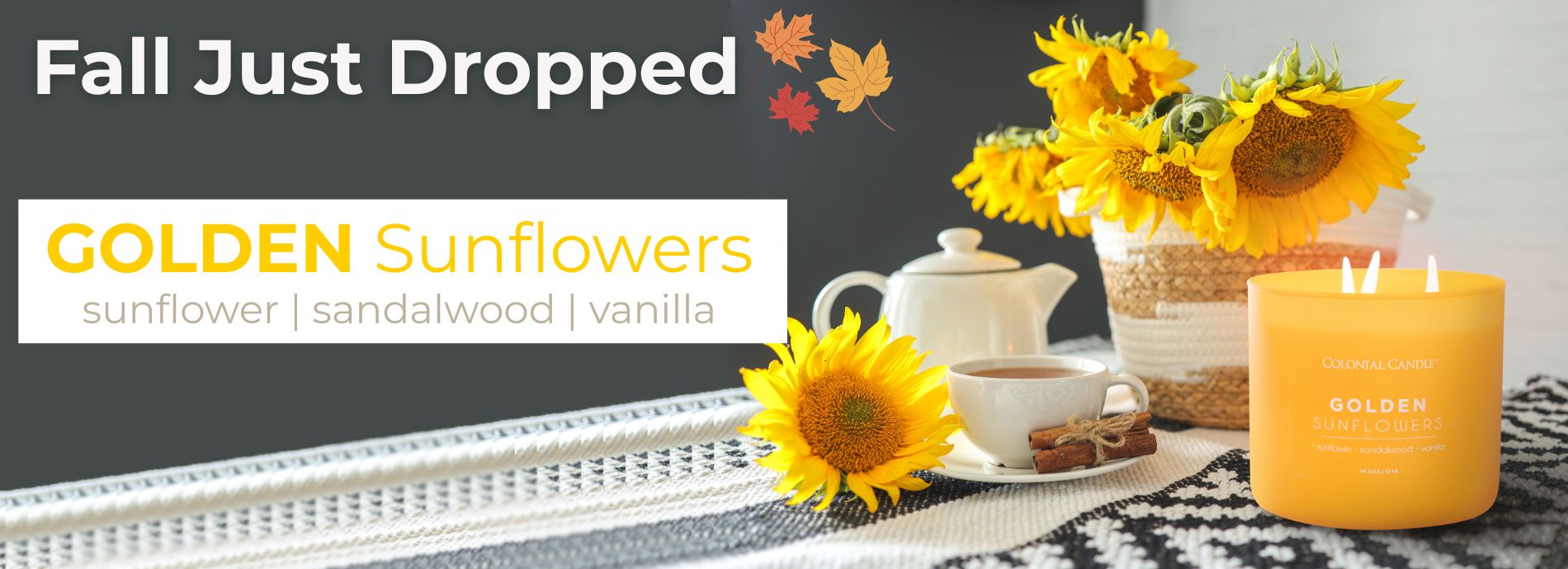Promotional banner for Golden Sunflowers with sunflowers, a teapot, and a candle.