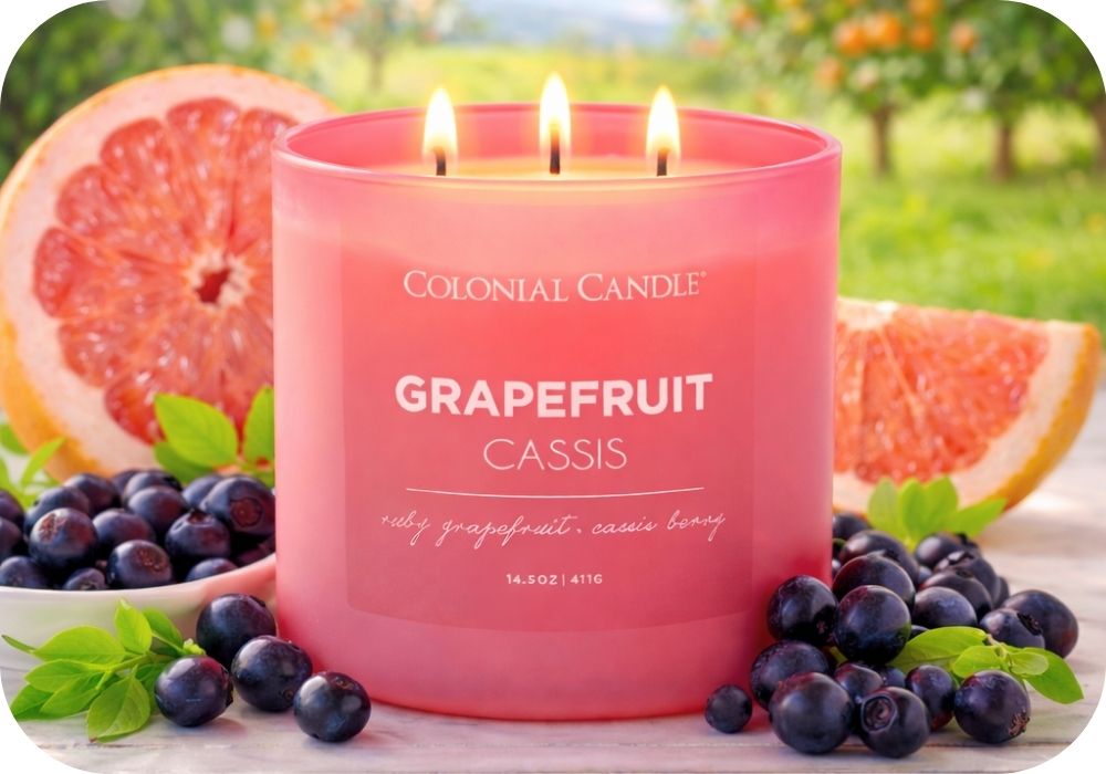 Pink candle labeled 'Grapefruit Cassis' with grapefruit and blueberries on a wooden surface.