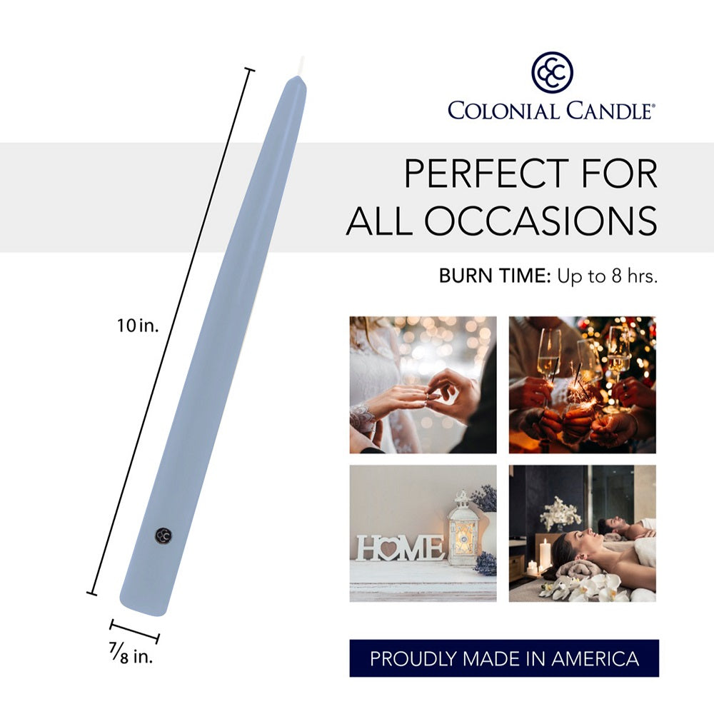 Wedgewood colored Handipt™ Taper candles, 10 inch in size, Specifications