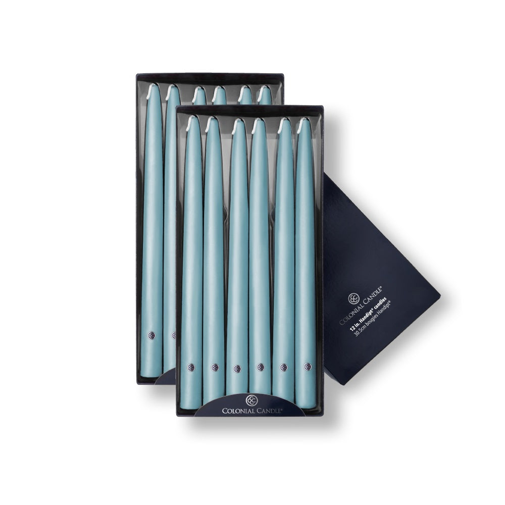 12 inch Coastal Blue colored Handipt Taper candles, 12 pack