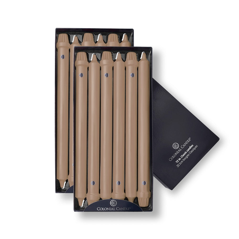Set of six mocha colored dinner candles in classic blue box packaging
