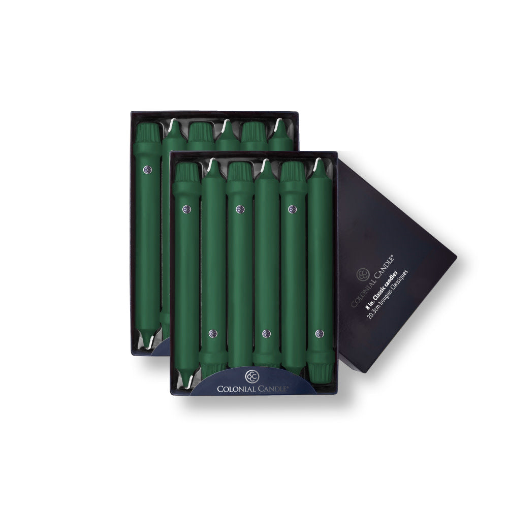 A 12 pack, 8 inch evergreen classic dinner candles presented in a box with a blue interior. The candles are unscented and have a beveled base.